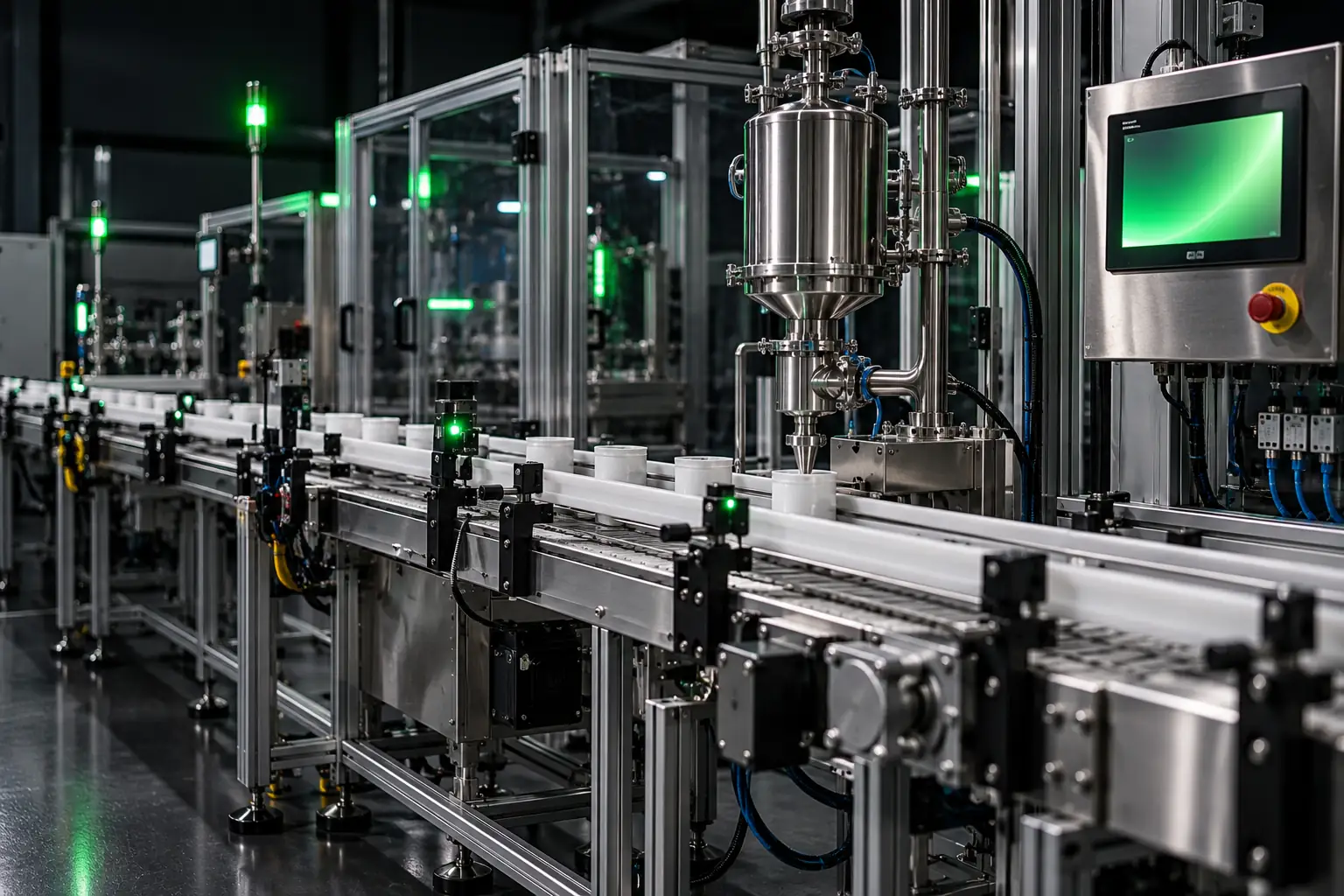 An automated production line with a stainless dispensing station